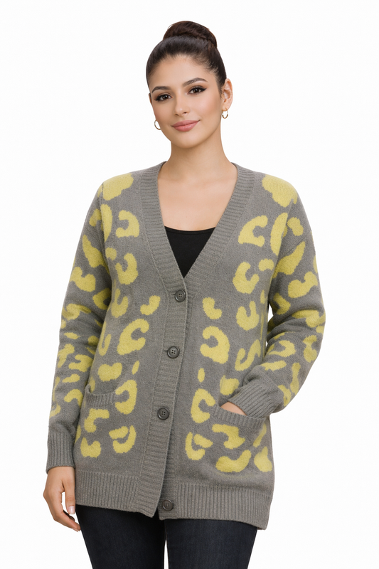 “Luxe Wild Knit Cardigan – Signature Animal Print Collection”
