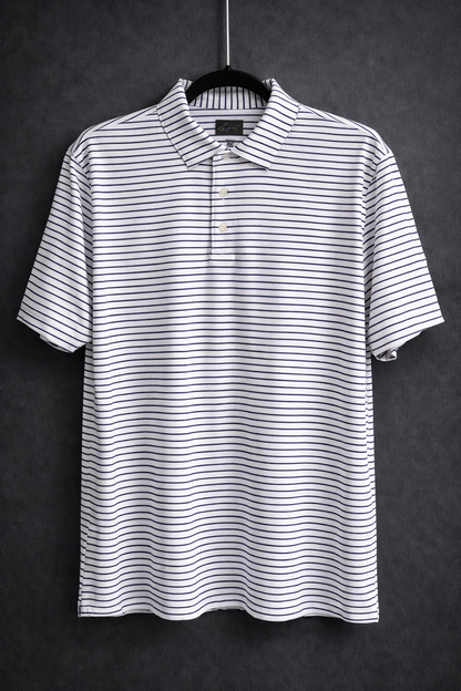 Men’s Navy Blue Stripe Polo Shirt – Performance Stretch Golf Casual Tee Size M (46” Chest)
