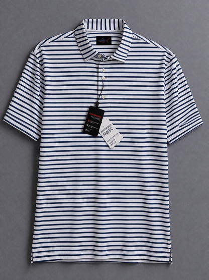 Men’s Navy Blue Stripe Polo Shirt – Performance Stretch Golf Casual Tee Size M (46” Chest)