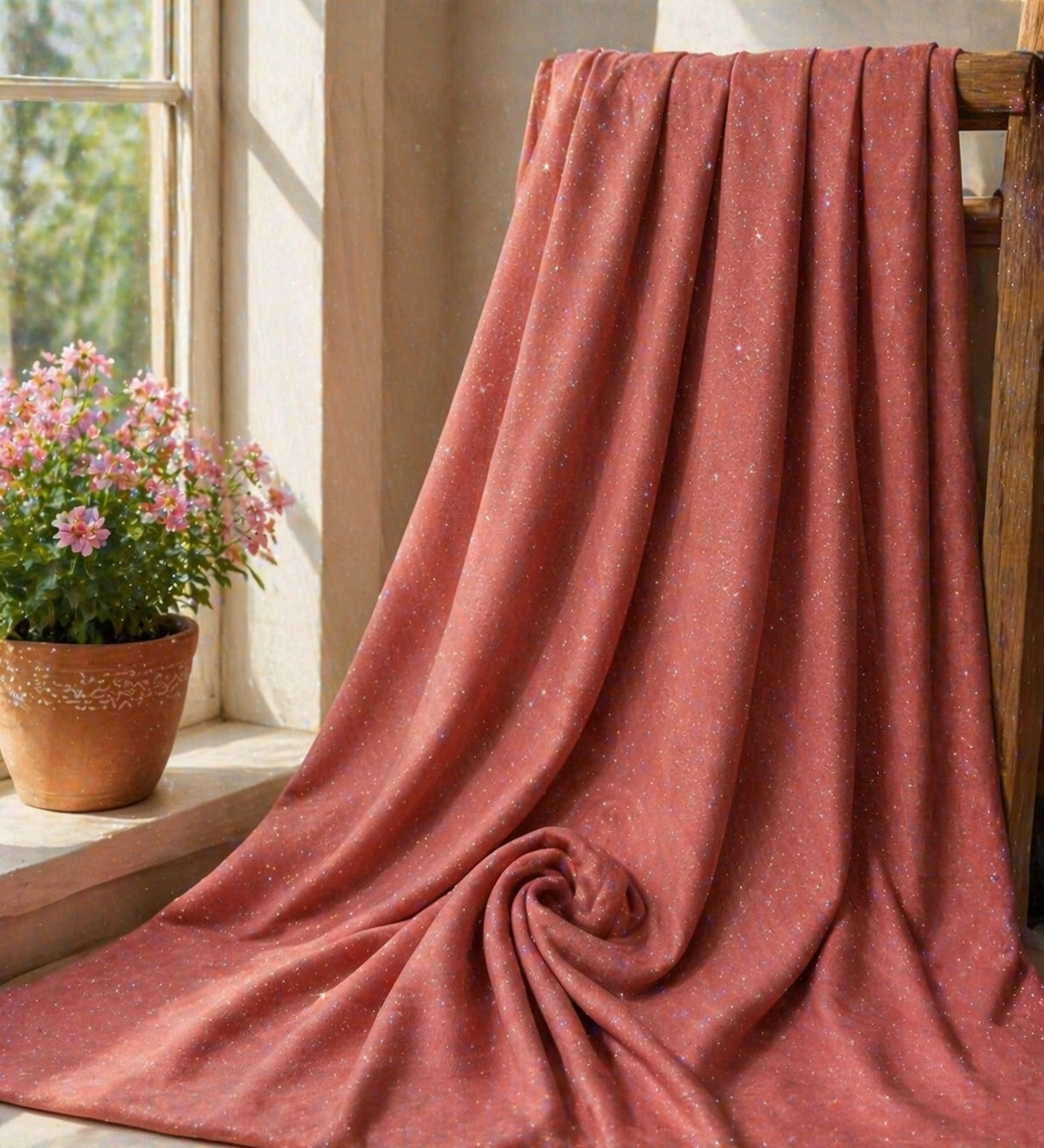 Premium Pink Shimmer Fabric – Soft Matte Star-Like Sparkle Material – Elegant Draping Textile for Dresses & Luxury Designs