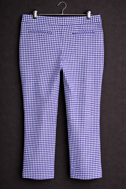 Women’s Purple Gingham Capri Pants 3/4 Length – Stretch Comfort Casual Chic M