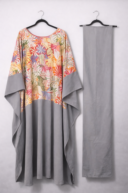 WOMEN Floral Kaftan Maxi Dress Grey Loose Bubu Gown Plus Size Set
