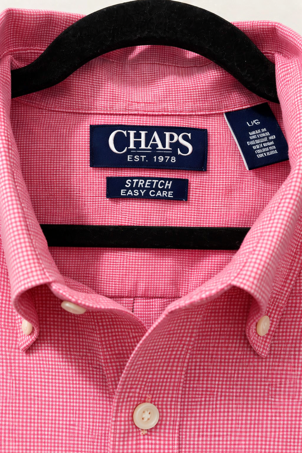 CHAPS Pink Gingham Button-Down Shirt Men’s Large | Stretch Easy Care Long Sleeve Dress Shirt Vietnam