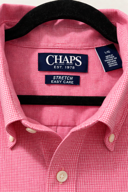 CHAPS Pink Gingham Button-Down Shirt Men’s Large | Stretch Easy Care Long Sleeve Dress Shirt Vietnam