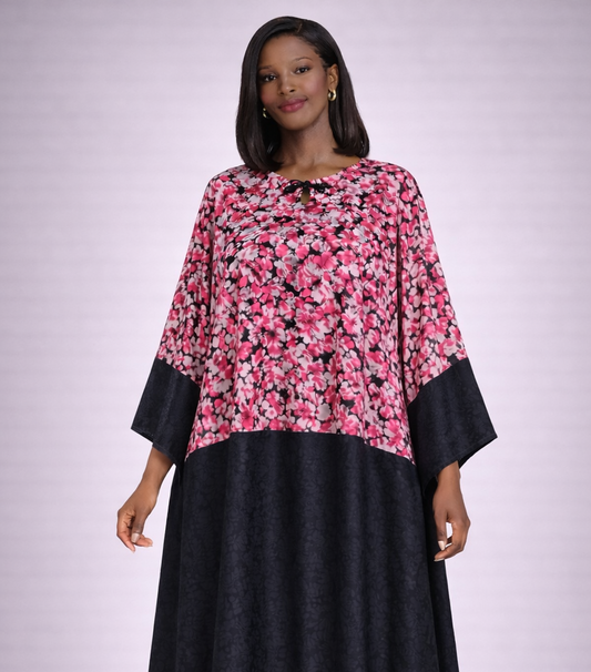 Women Pink Floral & Black Velvet Boubou Kaftan Dress w/ Scarf Set