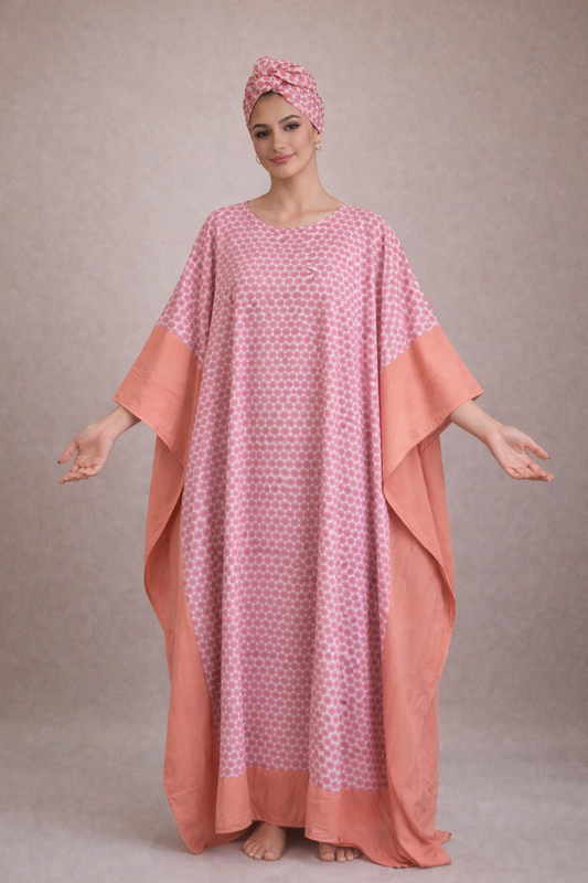 Women Pink Sweetheart Print Kaftan Maxi Dress Abaya Boubou Scarf Set