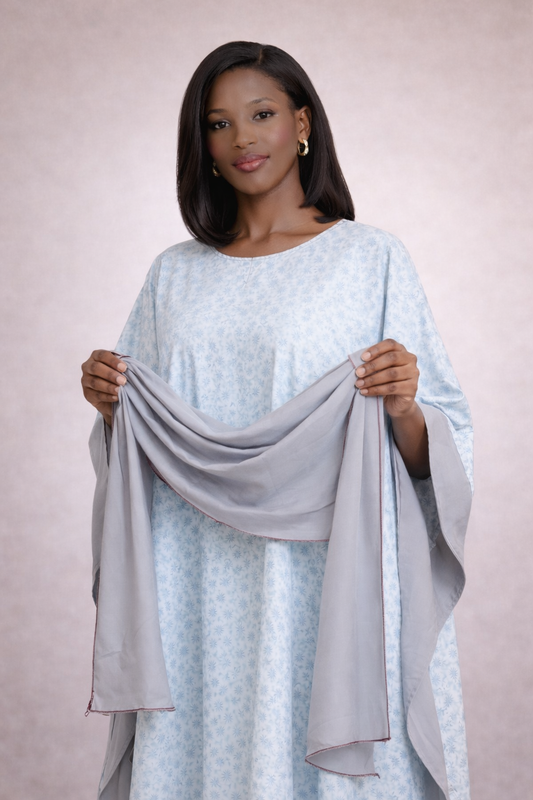 Sky Blue Grey Bubu Kaftan-Maxi Dress w/ Scarf African Modest Gown