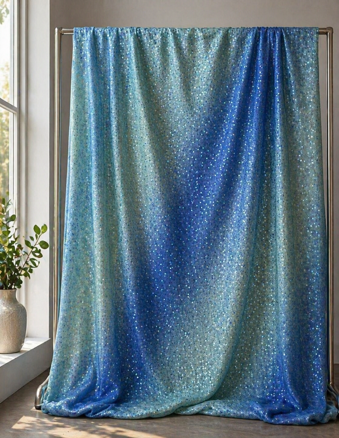 Glittering Blue Teal Fabric – Shimmer Mesh | Elegant Sparkle Textile