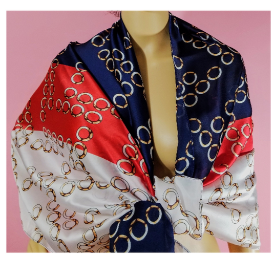 Red Navy & White Silk-Feel Scarf – Gold Chain Print