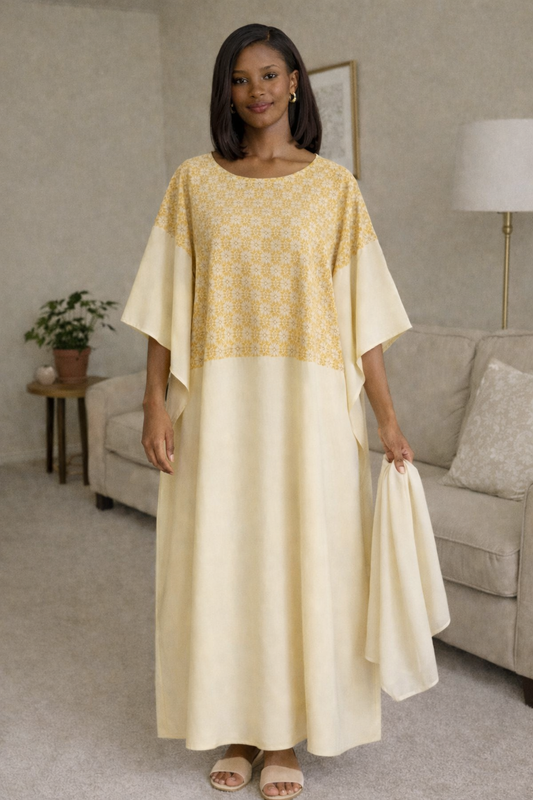Women’s Cream & Yellow African Kaftan Maxi Dress Loose Fit Modest
