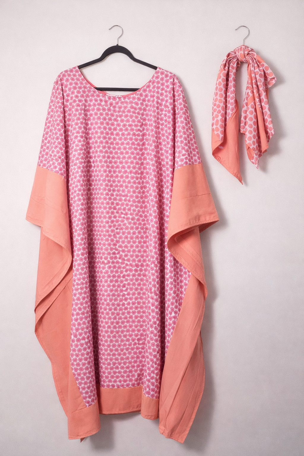Women Pink Sweetheart Print Kaftan Maxi Dress Abaya Boubou Scarf Set