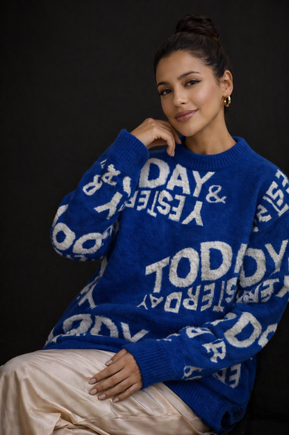 Graphic Statement Sweater – “Today & Yesterday” Oversized Knit Top