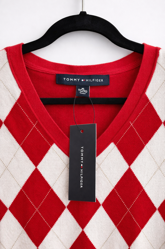 Tommy Hilfiger Red Argyle Sweater-Long Sleeve V-Neck Cotton Blend NWT Luxury Classic
