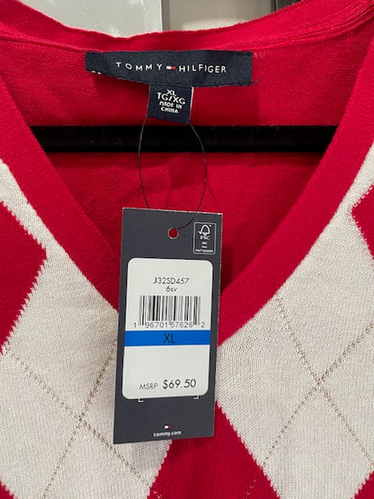 Tommy Hilfiger Red Argyle Sweater-Long Sleeve V-Neck Cotton Blend NWT Luxury Classic