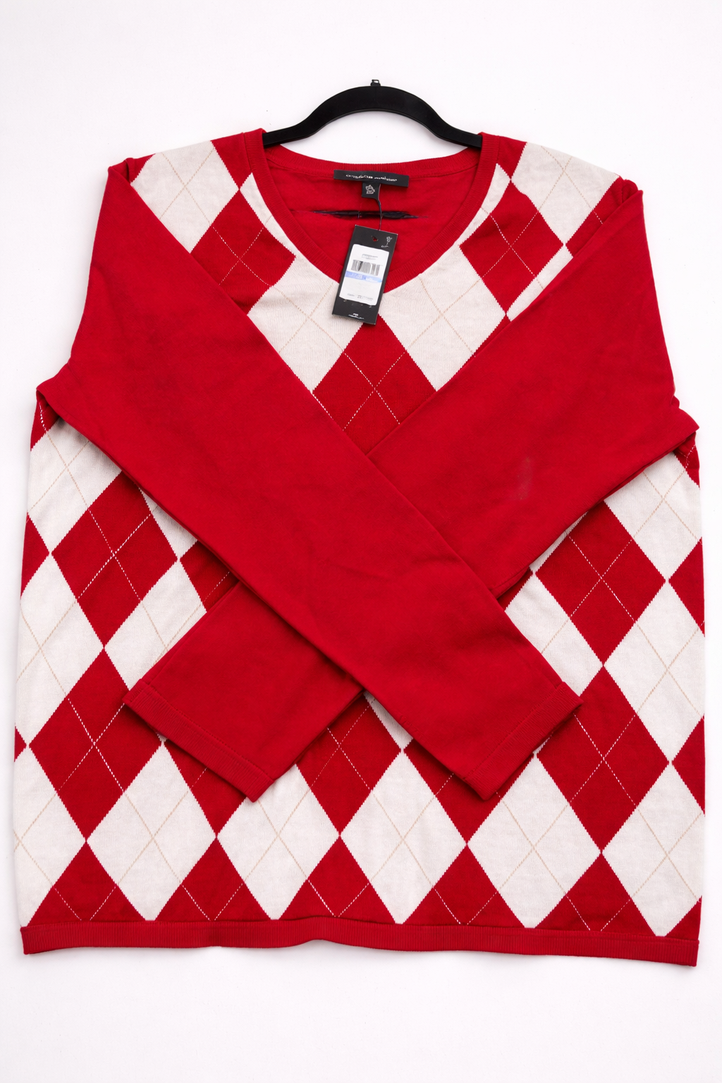 Tommy Hilfiger Red Argyle Sweater-Long Sleeve V-Neck Cotton Blend NWT Luxury Classic