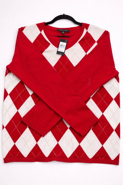 Tommy Hilfiger Red Argyle Sweater-Long Sleeve V-Neck Cotton Blend NWT Luxury Classic