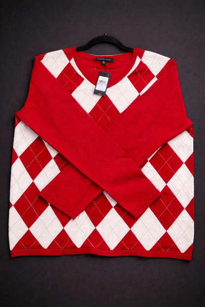 Tommy Hilfiger Red Argyle Sweater-Long Sleeve V-Neck Cotton Blend NWT Luxury Classic