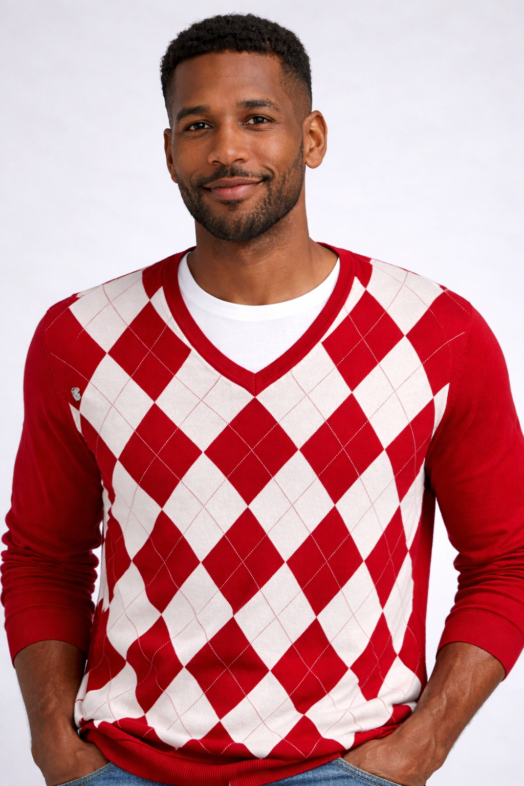 Tommy Hilfiger Red Argyle Sweater-Long Sleeve V-Neck Cotton Blend NWT Luxury Classic