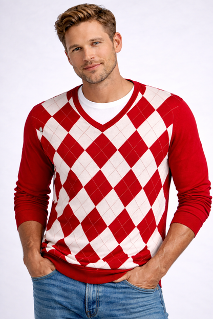 Tommy Hilfiger Red Argyle Sweater-Long Sleeve V-Neck Cotton Blend NWT Luxury Classic