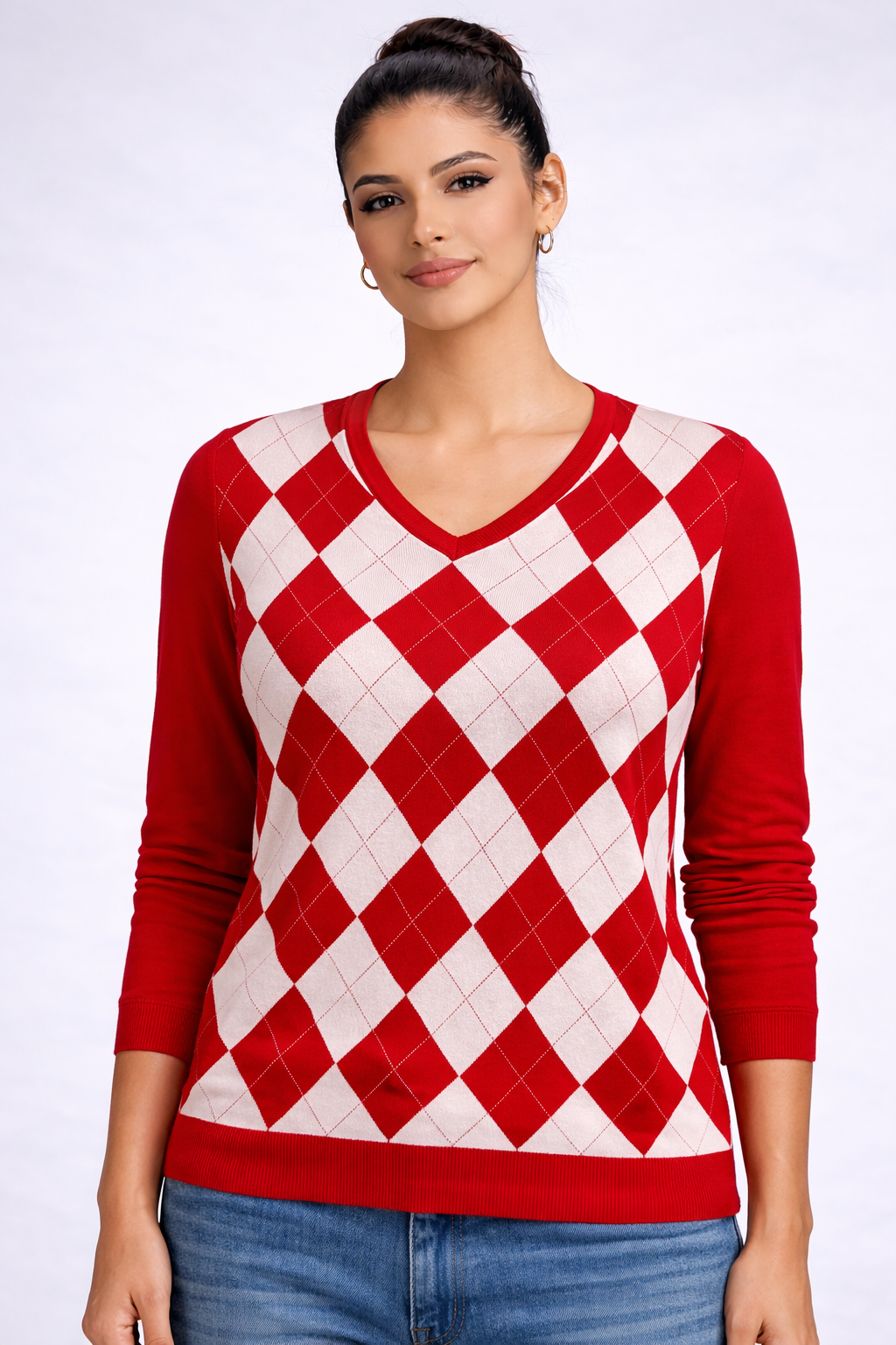 Tommy Hilfiger Red Argyle Sweater-Long Sleeve V-Neck Cotton Blend NWT Luxury Classic