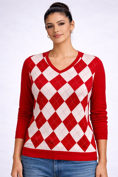 Tommy Hilfiger Red Argyle Sweater-Long Sleeve V-Neck Cotton Blend NWT Luxury Classic