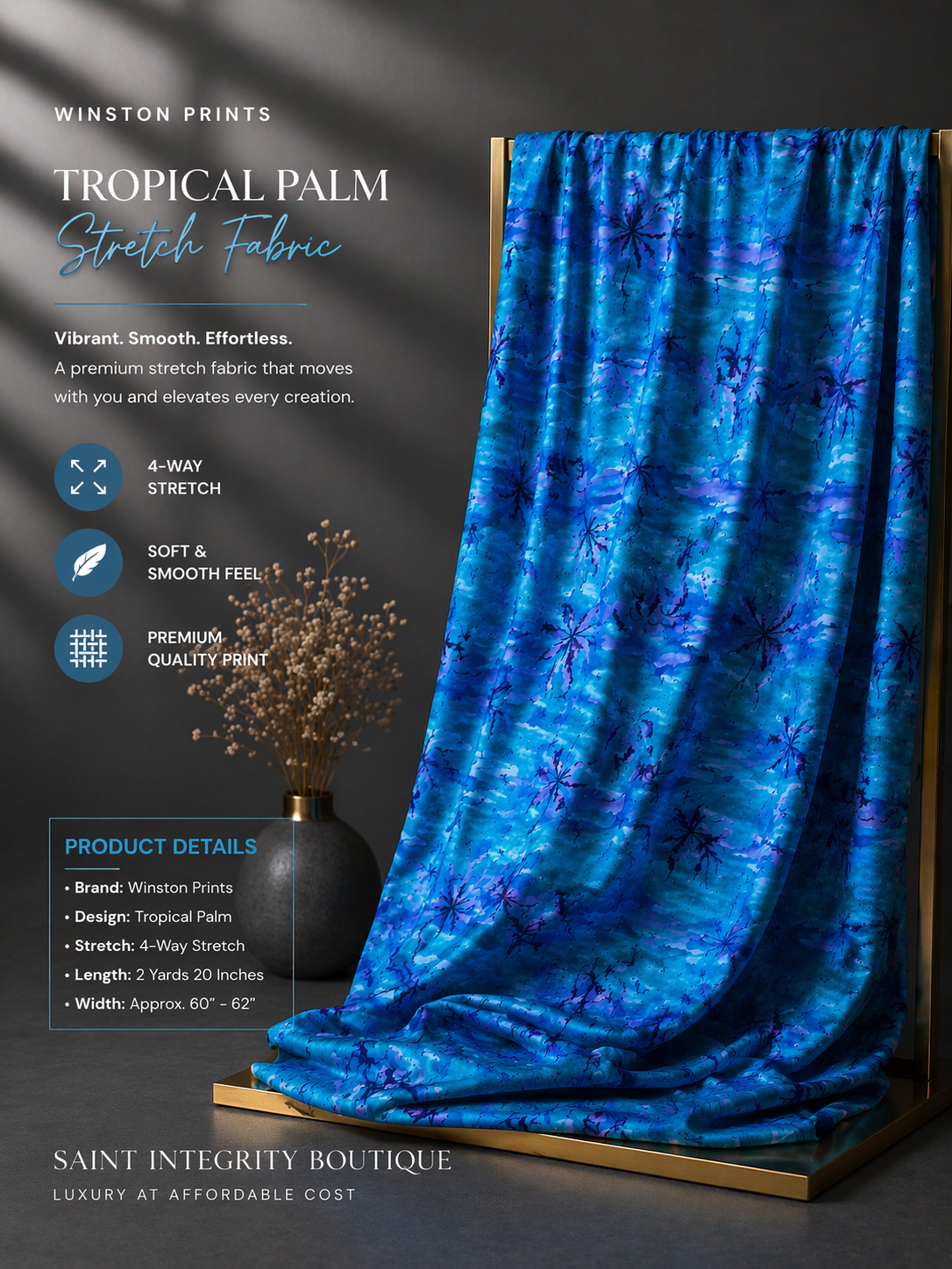 Tropical Palm 4-Way Stretch Fabric – Turquoise Blue | 2 Yards 20 Inches