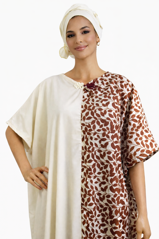 Women Cream Brown African Kaftan Maxi Dress Bubu With Cream Scarf