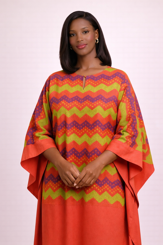 African Print Kaftan Maxi Dress Orange Chevron Loose Fit Bubu