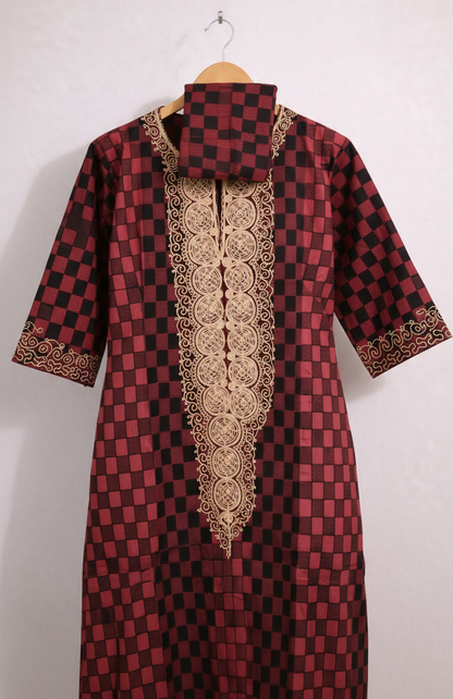 Women Red Black Checkered African Kaftan Maxi Dress Gold Embroidery