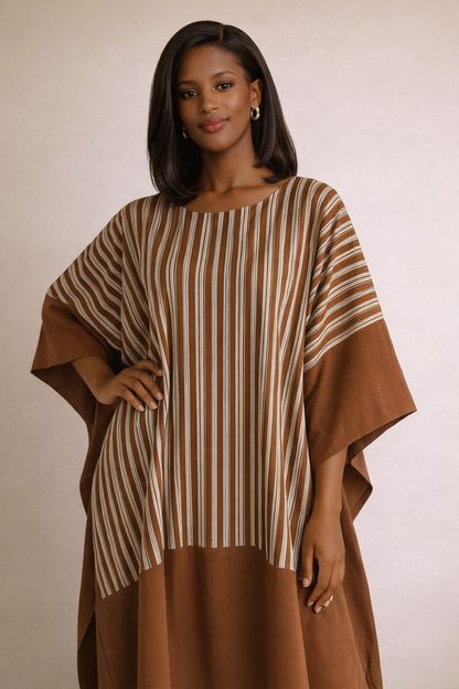 Brown Striped African Kaftan Maxi Dress-Loose Bubu Modest Fit!