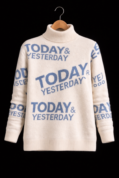“Today & Yesterday” Signature Turtleneck – Statement Graphic Knit