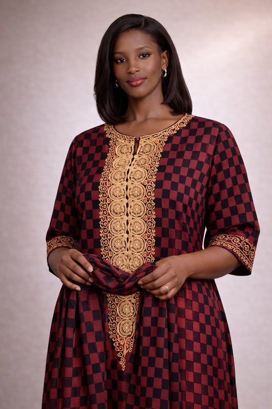 Women Red Black Checkered African Kaftan Maxi Dress Gold Embroidery