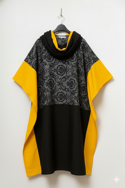 Black Yellow African Kaftan Maxi Dress Loose Bubu With Scarf
