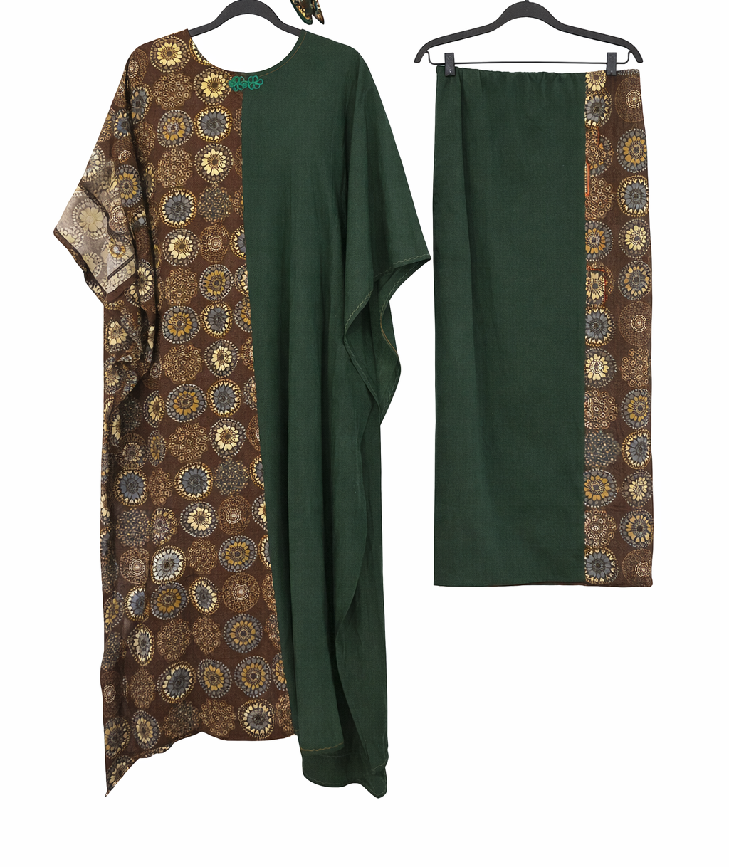 Women African Boubou Kaftan-Army Green Brown Maxi Dress Set