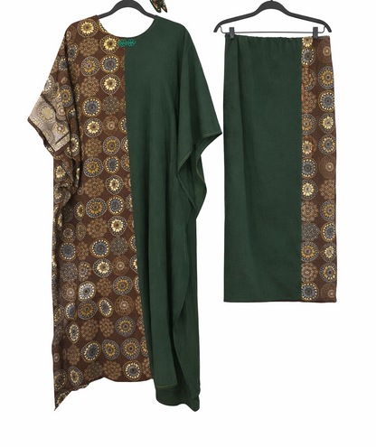 Women African Boubou Kaftan-Army Green Brown Maxi Dress Set