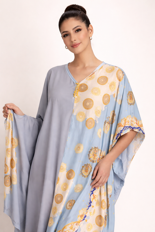 Luxury Blue & Grey Medallion Boubou Kaftan Maxi Dress with Scarf