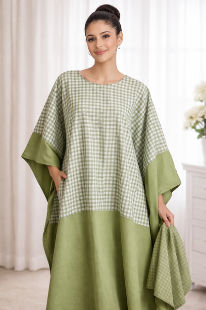 Women Lime Green Checkered Boubou Kaftan Maxi Dress Set