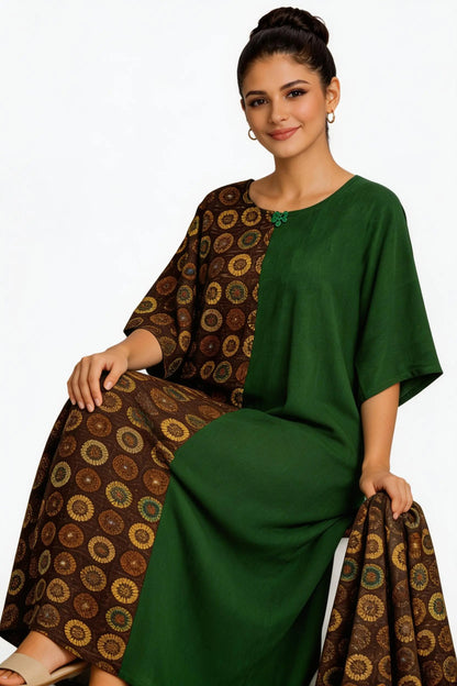 Women African Boubou Kaftan-Army Green Brown Maxi Dress Set