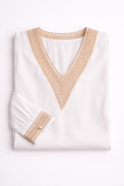 Elegant chiffon blouse featuring a handcrafted crochet