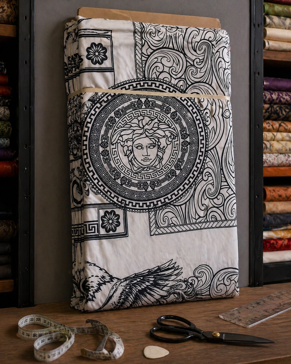 Luxury Black & White Medusa Print Stretch Fabric – Designer Inspired, 4-Way Stretch