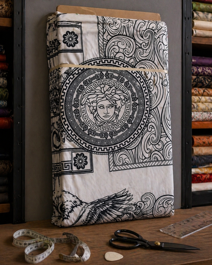 Luxury Black & White Medusa Print Stretch Fabric – Designer Inspired, 4-Way Stretch