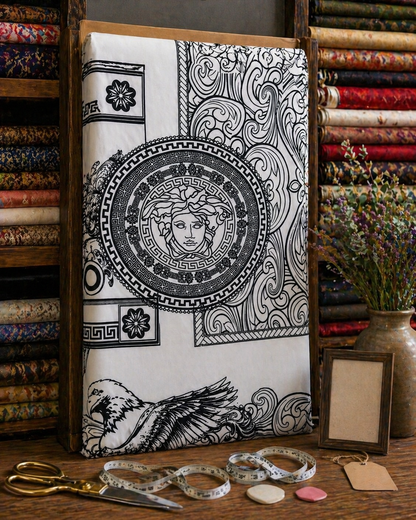 Luxury Black & White Medusa Print Stretch Fabric – Designer Inspired, 4-Way Stretch