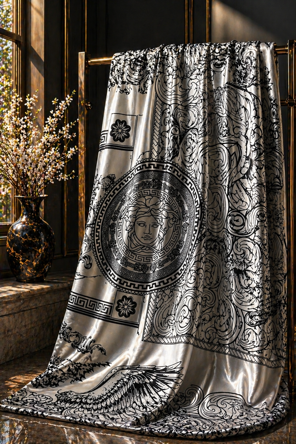 Luxury Black & White Medusa Print Stretch Fabric – Designer Inspired, 4-Way Stretch