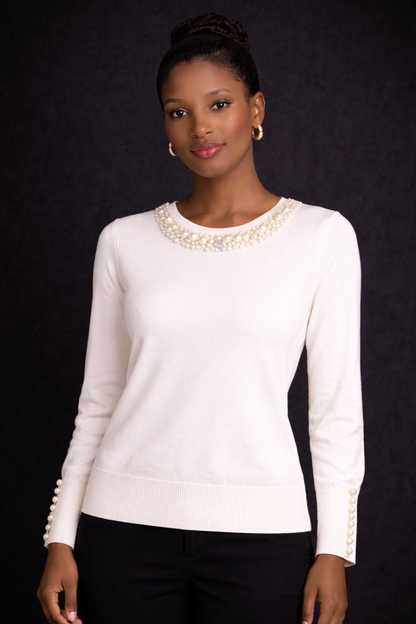 Women's Pearl Detail Long-Sleeve Knit Blouse