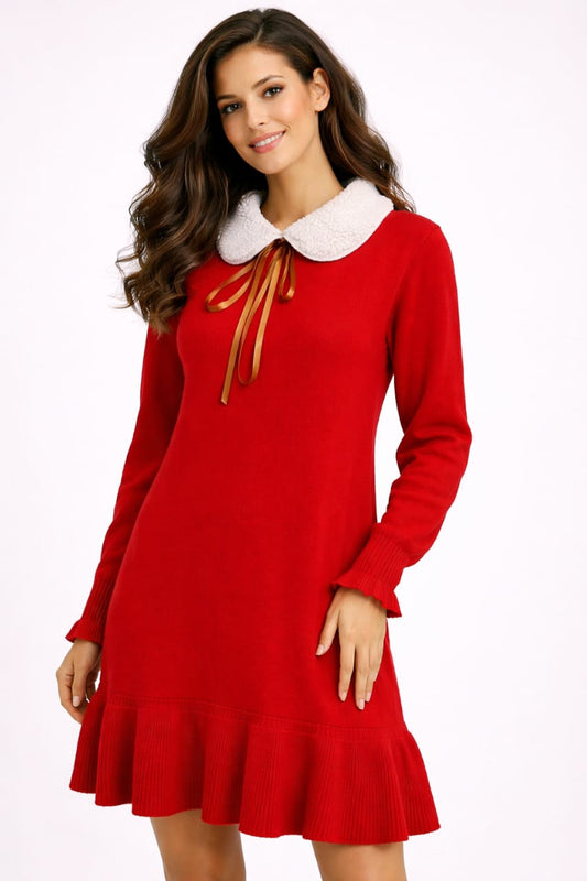 Scarlet Noel Shearling Collar Knit Dress” or "Elegant holiday mini dress