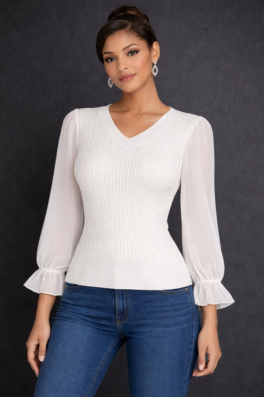 Textured V-neck knit blouse