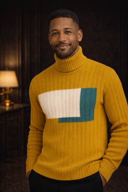 Orange Color-Block Turtleneck Knit Sweater