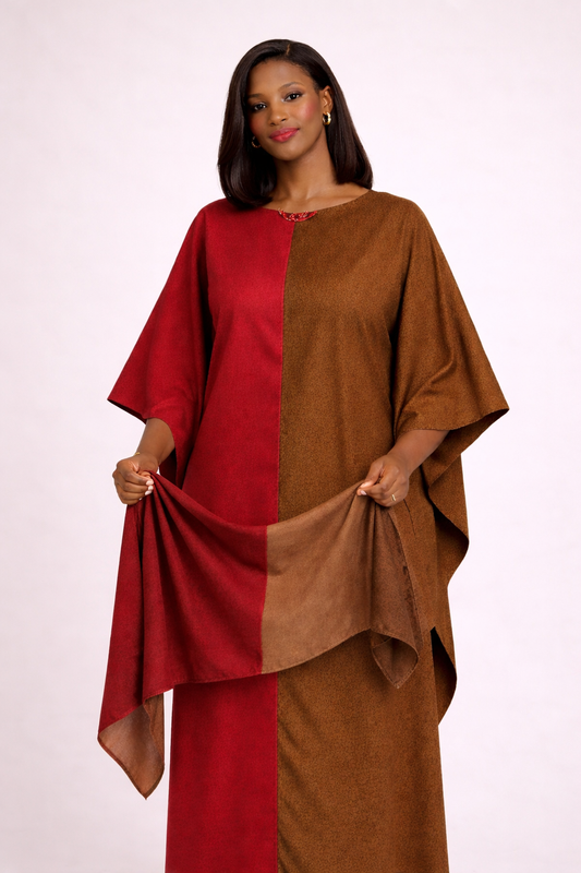 Women Red Brown Colorblock Kaftan Maxi Dress African Boubou w Scarf