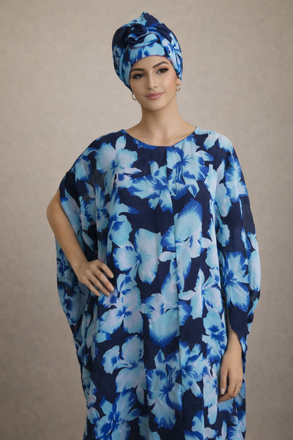 Women Blue Floral African Kaftan Maxi Dress Loose Boho Boubou Gown