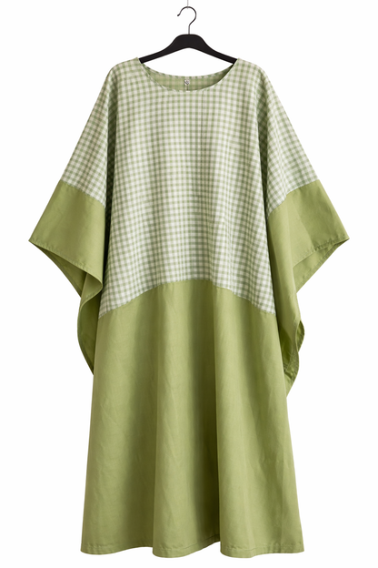 Women Lime Green Checkered Boubou Kaftan Maxi Dress Set